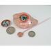 Copper Shawl scarf ear warmer brooch pin with torch fired enamel four-hole button in center - shown U.S. dime and quarter for size reference.