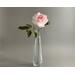 Garden rose, handcrafted crepe paper, pink center fading to whiter. One flower, one bud and foliage on single stem. Realistic, easy care. 