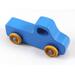 Handmade wooden toy pickup truck painted in baby blue with metallic sapphire blue trim. The truck features non-marring amber shellac wheels and is part of my Play Pal Collection. A close-up shot of the toy truck on a white background. Made to Order.