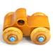 Handmade Wooden Toy Truck With Round Windows Finished with Glossy Amber Shellac and Metallic Sapphire Blue Acrylic Paint trim. Excellent, durable push toy for toddlers with chunky wheels that roll well on any surface.