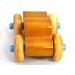 Handmade Wooden Toy Truck With Round Windows Finished with Glossy Amber Shellac and Metallic Sapphire Blue Acrylic Paint trim. Excellent, durable push toy for toddlers with chunky wheels that roll well on any surface.