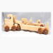 Handmade wooden toy truck play set includes three cars and a tractor-trailer finished with clear and amber shellac with metallic sapphire blue trim.