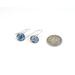 tiny disc dangle earrings, dark blue with white speckles shown with dime for size relation