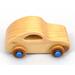 Handmade wood toy car based on the 1957 Bug with a satin polyurethane finish, metallic sapphire blue trim, and nonmarring amber shellac wheels. Made to Order.