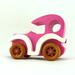 Handmade wooden toy car model-t sedan finished with hot pink and white acrylic paint with nonmaring amber shellac coated spoked wheels from my Bad Bob'S Custom Motors Collection.