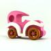 Handmade wooden toy car model-t sedan finished with hot pink and white acrylic paint with nonmaring amber shellac coated spoked wheels from my Bad Bob'S Custom Motors Collection.