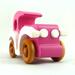 Handmade wooden toy car model-t sedan finished with hot pink and white acrylic paint with nonmaring amber shellac coated spoked wheels from my Bad Bob'S Custom Motors Collection.