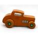 Handmade wooden toy car hot rod 32 deuce coupe with an amber shellac finish and metallic emerald green and gray trim. Perfect for kids or adults.