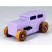 Handmade wooden toy car Hot Rod '32 Sedan painted with lavender, metallic purple, and black acrylic with non-marring amber shellac wheels.