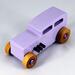 Handmade wooden toy car Hot Rod '32 Sedan painted with lavender, metallic purple, and black acrylic with non-marring amber shellac wheels.