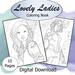 Lovely ladies coloring book, 10 page digital download. 2 pictures shown,one with lady wearing a tank top with a tattoo of Saturn on her arm. The second image is of a woman with short hair wearing a space suit with planets behind her.