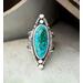 Sz 8 Blue Kingman Turquoise surfboard cabochon, sky blue with green matrix, accents on bezel, tapered wide sterling silver band