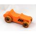 Handmade wooden toy car modeled after a 1927 T-Bucket hot rod. Finished with orange and black acrylic paint and amber shellac