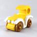 Handmade wooden toy car painted bright yellow with white fenders and non-marring amber shellac-finished spoked wheels, modeled after the classic Model-T Sedan.