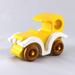 Handmade wooden toy car painted bright yellow with white fenders and non-marring amber shellac-finished spoked wheels, modeled after the classic Model-T Sedan.