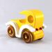 Handmade wooden toy car painted bright yellow with white fenders and non-marring amber shellac-finished spoked wheels, modeled after the classic Model-T Sedan.