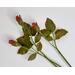 Petite red rosebuds, three stems, one bud and foliage each. Realistic, allergy friendly, easy care, last indefinitely. 