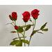 Red roses, hand crafted crepe paper, 3 stem bouquet, partially open flowers with buds and foliage. Realistic, easy care, allergy friendly.