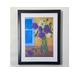 white and purple flowers in a glass vase still life painting, in a black frame.