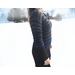 Women's Handknit Sweater in a gradient color that shifts from charcoal gray to cobalt blue with stripes of black alpaca yarn in between. Features a V notch collar and 3/4 length sleeves.