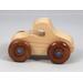 Handmade wooden toy car. The body is finished with clear shellac, and the wheels are finished with amber shellac. The hubs are painted with metallic sapphire blue trim.