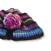 Multicolor Baby Hat fits Newborn to 6 months, knit in variegated multicolor wool yarns including blue, highlighter green, purple, violet, apple green, magenta, pink cerise, and gray with alternating black alpaca stripes. Features a flower decoration that matches the colors that the hat is knitted in, primarily magenta with green leaves to resemble a rose.
