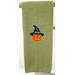 Olive colored towel with pumpkin wearing black hat
