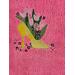 Yellow shoe with light pink tulips on a dark pink towel