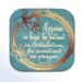 Refrigerator magnet featuring a wreath of varying shades of gold on a green background with text from Romans 12:12.