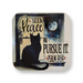 Refrigerator magnet featuring black cat peering at the moon through a window with text, seek peace and pursue it from Psalm 34:14.