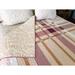handmade modern quilt, 65 X 65, shades of blush and rose pink, plum and gold; professionally quilted; patterned after woven plaid; feminine