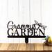 Personalized metal garden sign with first name and dragonfly image, in matte black powder coat.