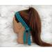 Womens crocheted cotton yarn aqua blue thin headband scarf with long ties in back. Mesh design. Measures 1.25 inches wide by 30 in long. 
