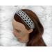 Womens crocheted cotton gray summer headband with openwork look. Short straps in back. Band is 1.5 inches wide by 26 inches long end to end.
