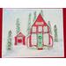 Watercolor and ink art print of Santa's red Workshop decorated for Christmas, featuring a separate building with Santa's sleigh inside. 