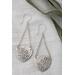 Sterling silver trillion shape imprinted with a mandala design hanging from sterling silver chain from two corners and a sterling ear wire. 