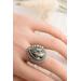 Sterling silver wide band ring will floral design, a morinci 2 turquoise pear shaped cabochon with pyrite inclusions and beaded accent bezel