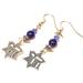 Image is a photo of a pair of dangle earrings with a Swarovski crystal, blue druk bead, spacers and a chai charm in a star of david shape.