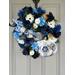 blue white wreath with velvet cream and gold pumpkins and bow. Waterproof chinoiserie blue and white with gold accent pumpkin sign.
