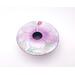 photo of kiln-fired copper enamel ikebana-style vase with hand painted hibiscus on top with is 4 inches in diameter. Enamel colors of hibiscus are pale pink and lavender, with pale green leaves. Vase stands 1-1/4 inch tall. There is a pin-frog inside to hold flowers upright.