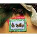 Merry Christmas card adorned with 4 quirky watercolor pine cones sitting in a row.  The one on the left is decorated like a Christmas tree. 
