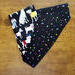 dog bandana, over the collar and reversible, with dog print on one side and multi-colored polka dots on the other