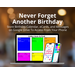 Colorful birthday spreadsheet and monthly calendar on laptop and two cellphones with and ecard and the birthday calendar