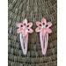 pink 2 inch long handmade crochet flower barrettes with 6 millimeter rhinestone