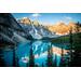 Beautiful Moraine Lake at sunrise, with alpenglow hitting the peaks. Banff National Park, Canada.