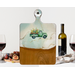 Handcrafted cherry wood serving board with a pastel green vintage flower truck and complimentary resin artwork in the center.