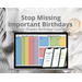 Image of calendar on a laptop with 3 cellphones displaying ecards - Never Forget Another Birthday, Google Sheets Birthday Calendar