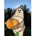 Ghost with Pumpkin- Close up of crystal eyes and mouth, along with copper wire vine. Suncatcher shown in direct sunlight.