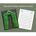 Display of the Tulip Crochet Scarf on a hanger in front of a wooden fence and a printable row counter.
