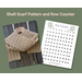 Display of the Shell Crochet Scarf on a hanger in front of a wooden fence and a printable row counter.